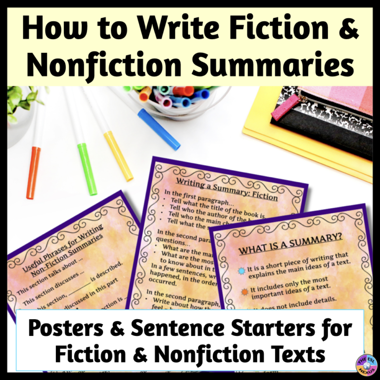 Cover of TPT resource about writing fiction and nonfiction summaries