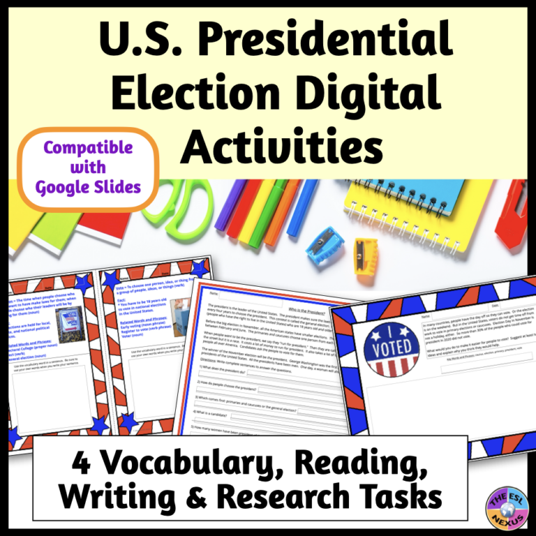 Cover of TPT resource about U.S. presidential election activities.