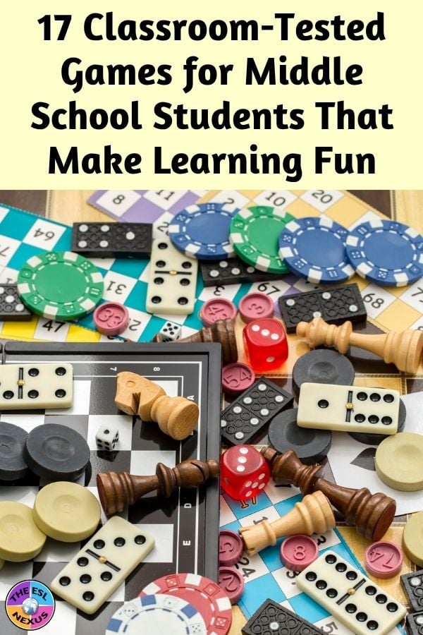 Title of blog post about 17 educational games for middle school students in black on pale yellow background, with photo of various games boards and game pieces underneath.